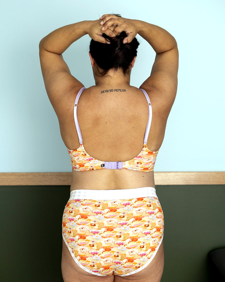 Back view of woman wearing Little Lola wirefree bralette and briefs