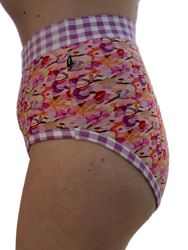 Woman in colourful floral underwear